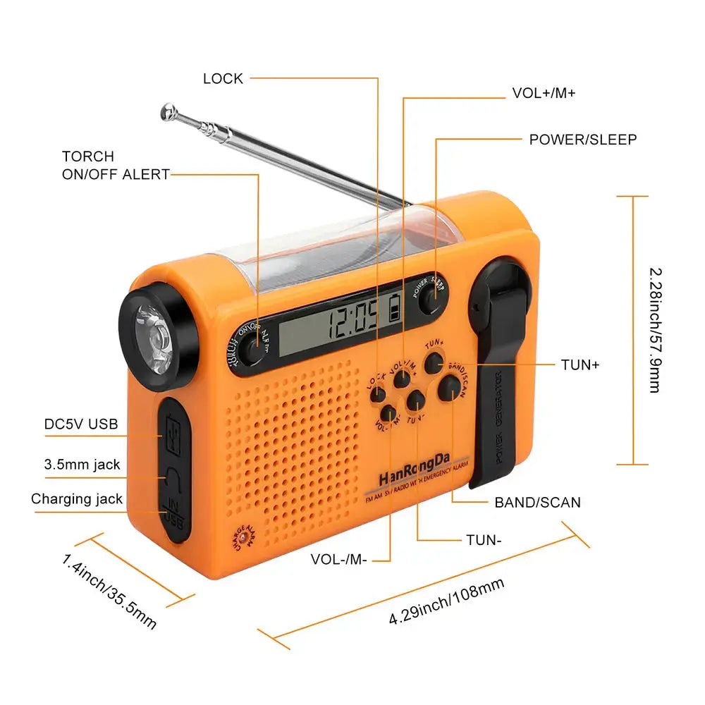 Portable Solar Hand Crank Radio with Power Bank & Flashlight
