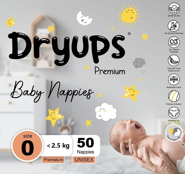 Dryups Premium Nappies Unisex Size 0 (<2.5kg) Premature