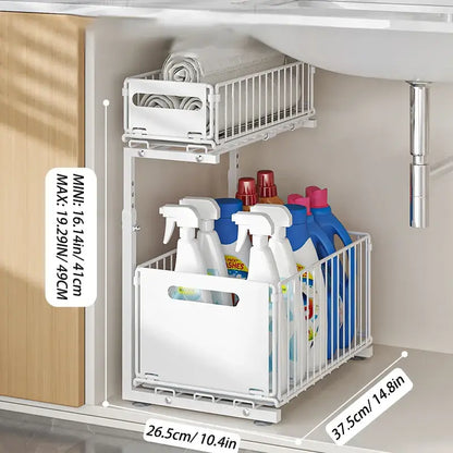 Pull-Out Under Sink Organizer – 2-Tier Adjustable Sliding Shelf (Black & White)
