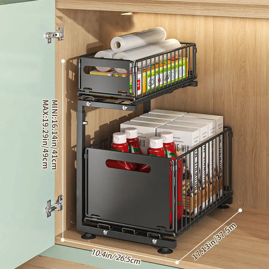 Pull-Out Under Sink Organizer – 2-Tier Adjustable Sliding Shelf (Black & White)
