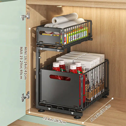 Pull-Out Under Sink Organizer – 2-Tier Adjustable Sliding Shelf (Black & White)