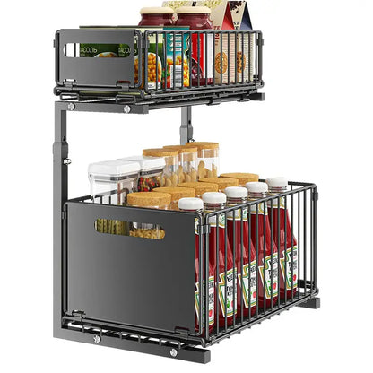Pull-Out Under Sink Organizer – 2-Tier Adjustable Sliding Shelf (Black & White)