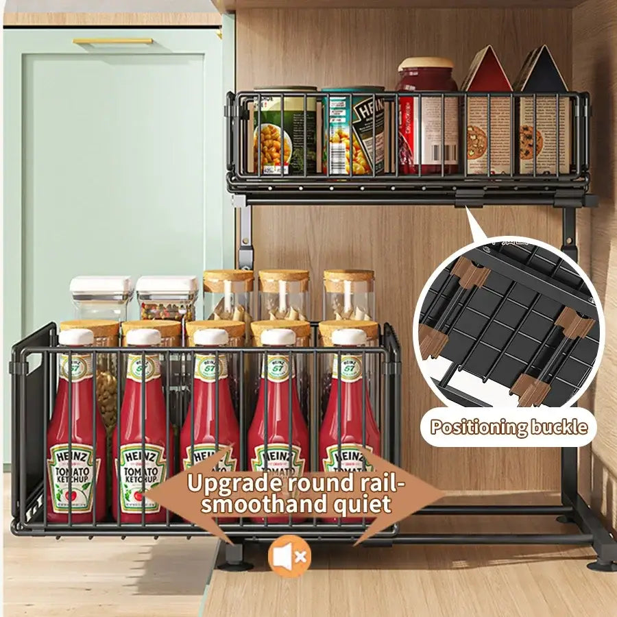 Pull-Out Under Sink Organizer – 2-Tier Adjustable Sliding Shelf (Black & White)