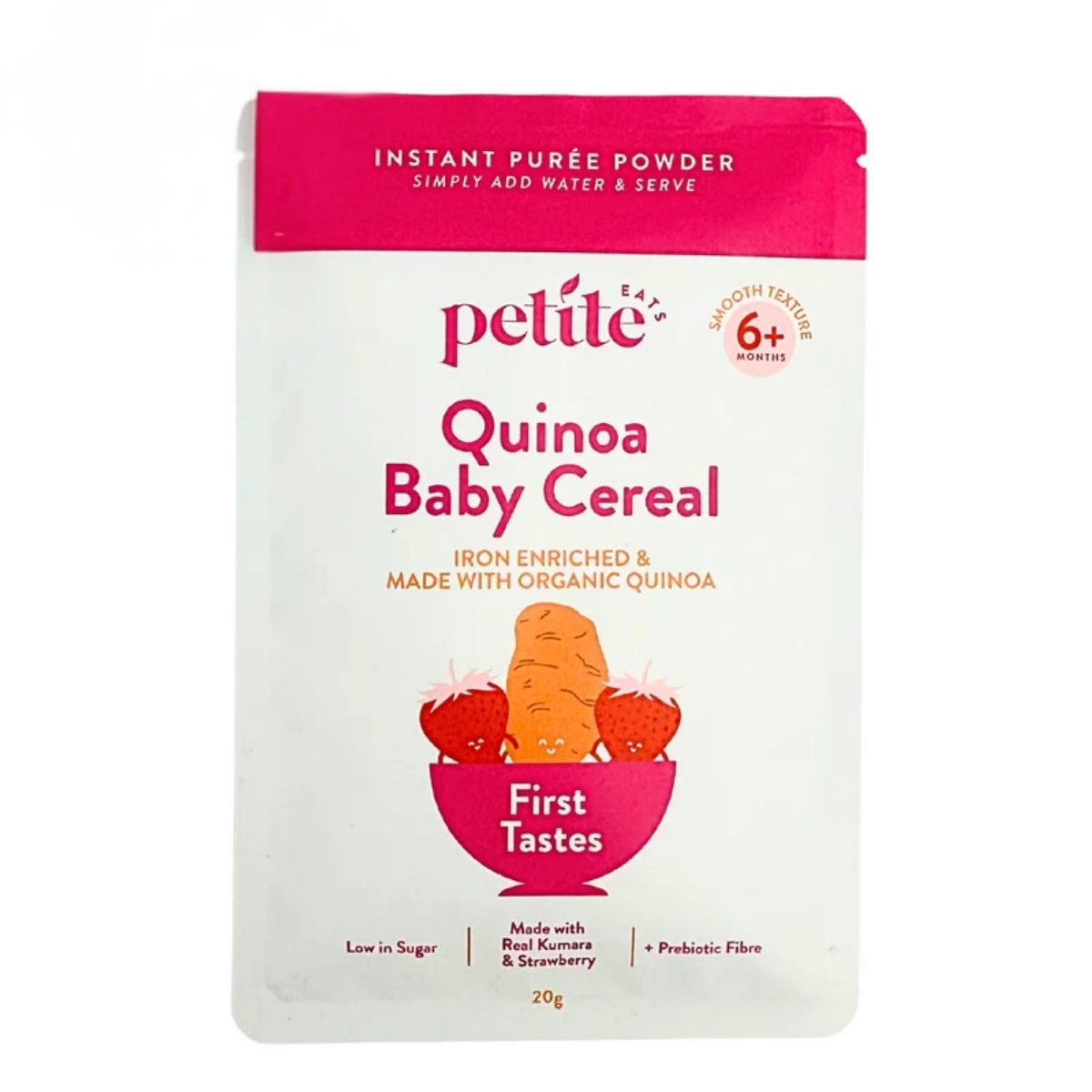 Made with organic quinoa, kumera and strawberry. Deigned for babies who are trying solid food for the first time. Part f the Petite Eats First Tastes Range.