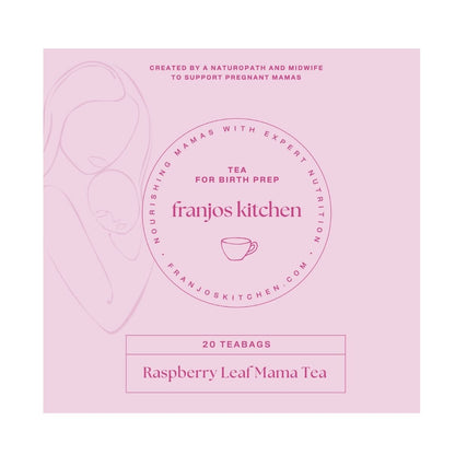 Pink packaging of Franjos Kitchen Raspberry Leaf Mama Tea with branding and product details.