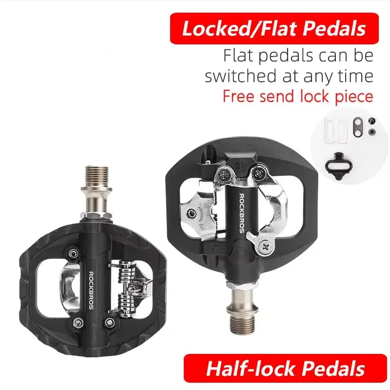 2-in-1 MTB Rockbros Bicycle Lock Pedals, Anti-Slip Flat Platform & Shimano SPD Compatible