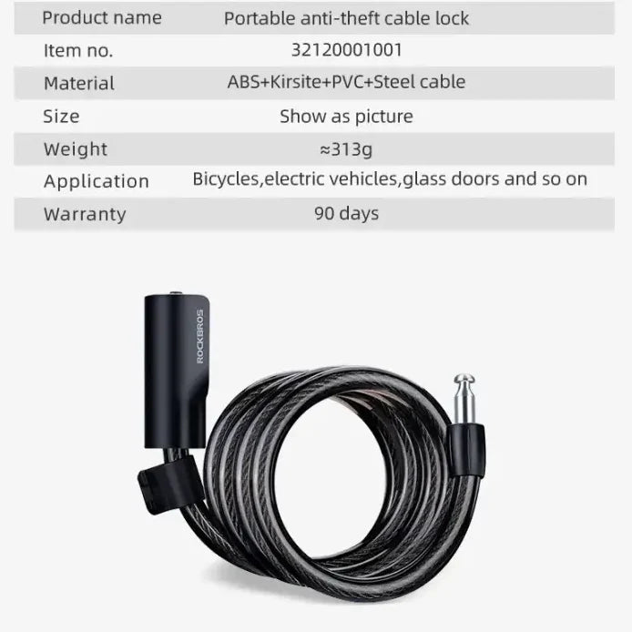 Portable Zinc Alloy Bicycle Cable Lock with Keys