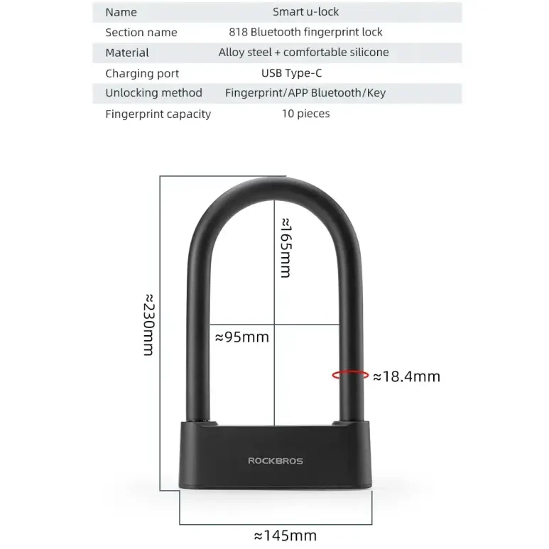 Rockbros Bluetooth Fingerprint Bicycle U-Lock