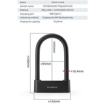 Rockbros Bluetooth Fingerprint Bicycle U-Lock