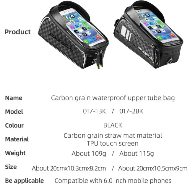 Waterproof Bicycle Front Phone Bag with Touchscreen, Fits 6.5-Inch Phones