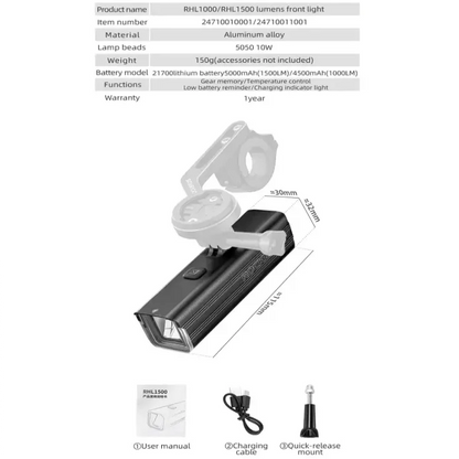 1,500LM / 1,000LM Type-C Rechargeable Aluminum Bicycle Front Light