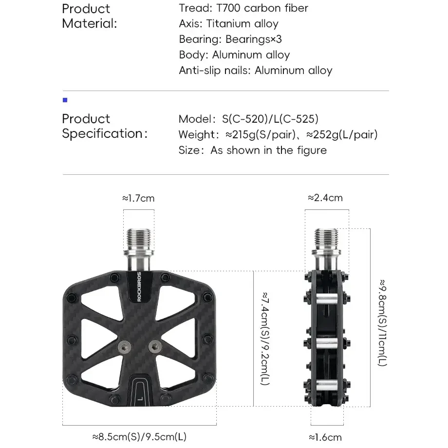 Rockbros 3-Bearing Carbon Fiber Bike Pedals, Ultra-Light Anti-Slip MTB & Road Cycling Pedals