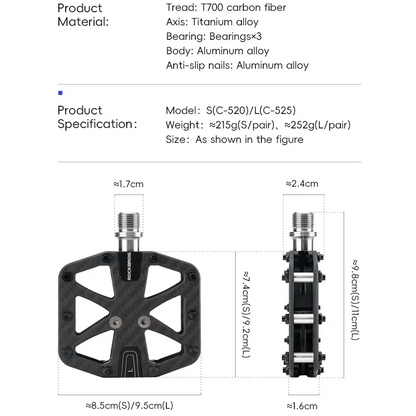 Rockbros 3-Bearing Carbon Fiber Bike Pedals, Ultra-Light Anti-Slip MTB & Road Cycling Pedals