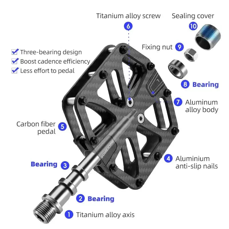 Rockbros 3-Bearing Carbon Fiber Bike Pedals, Ultra-Light Anti-Slip MTB & Road Cycling Pedals