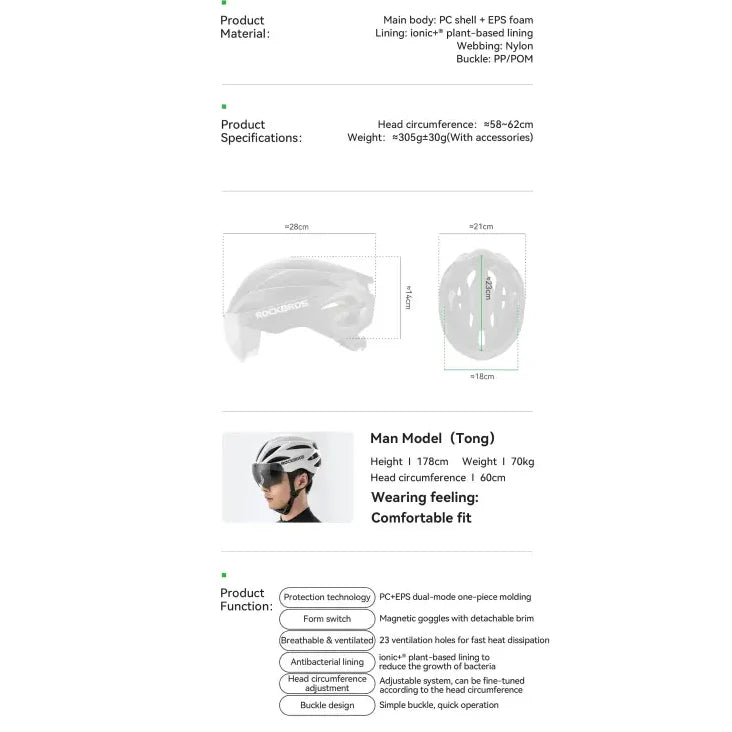 Adjustable Cycling Helmet 58–62cm with Integrated Magnetic Goggles