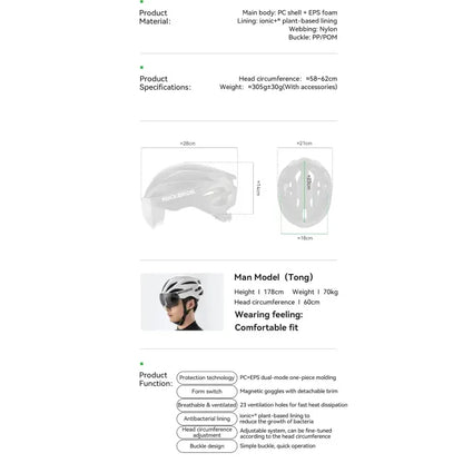 Adjustable Cycling Helmet 58–62cm with Integrated Magnetic Goggles