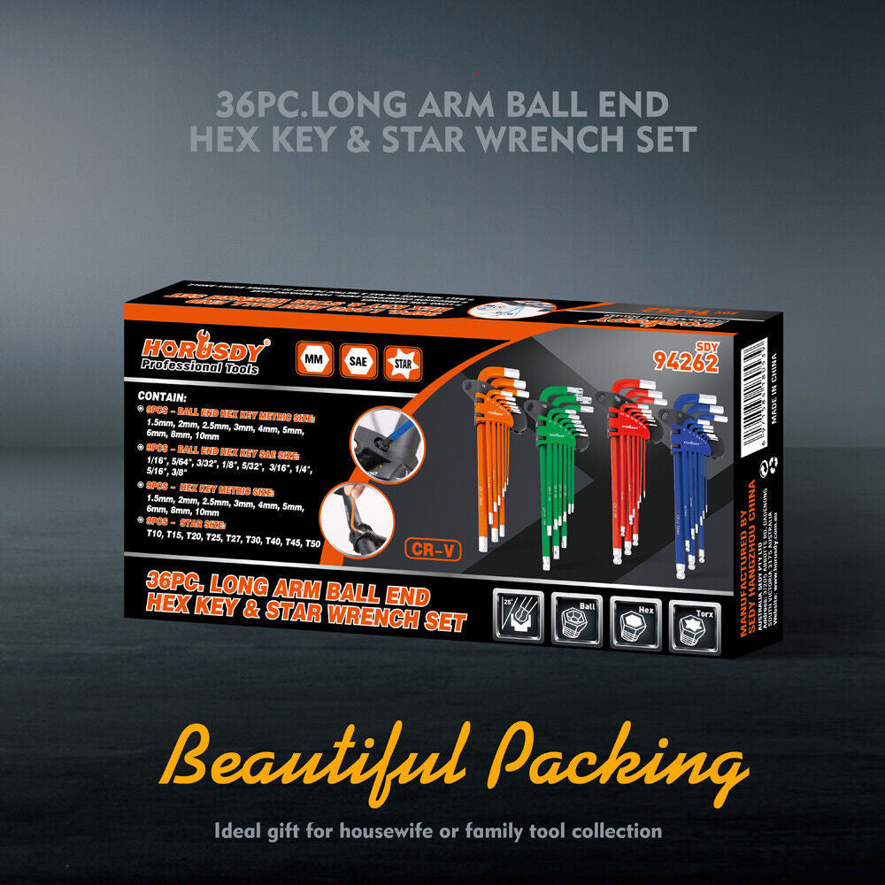 37Pc Hex & Torx Key Set Extra Long Allen Wrench Ball End Tamper Proof Metric/SAE