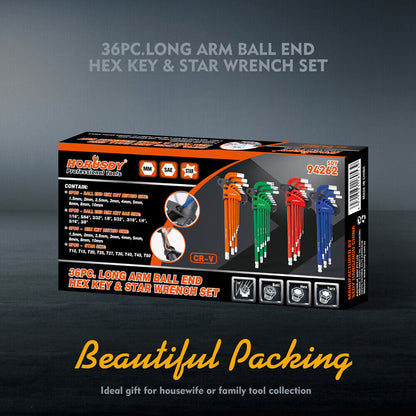37Pc Hex & Torx Key Set Extra Long Allen Wrench Ball End Tamper Proof Metric/SAE