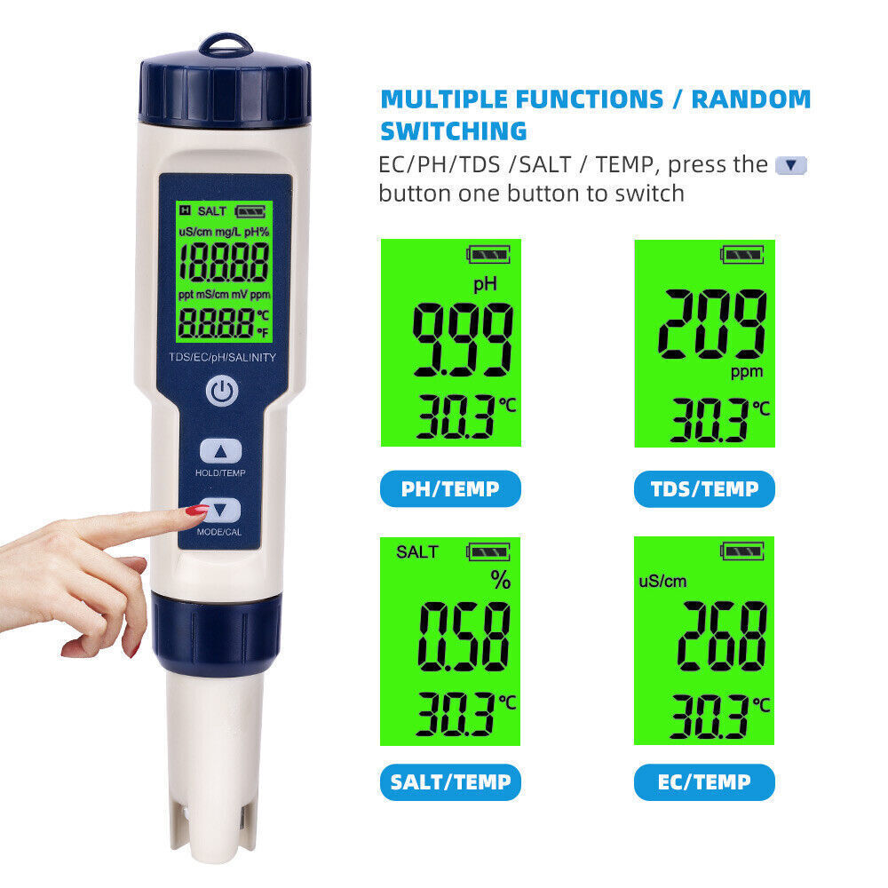 5 in 1 Pen Meter PH EC TDS Salinity Temp LCD Digital Water Quality Monitor Test - salelink.co.nz