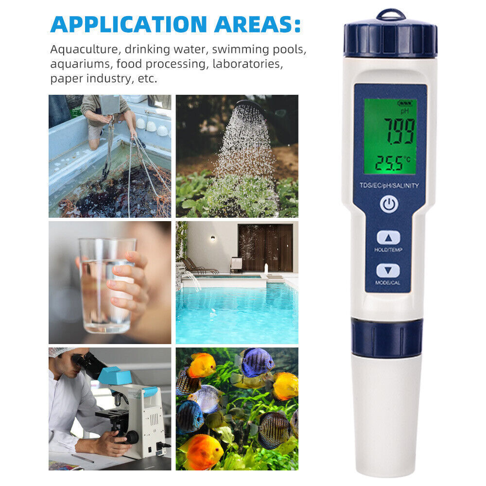 5 in 1 Pen Meter PH EC TDS Salinity Temp LCD Digital Water Quality Monitor Test - salelink.co.nz