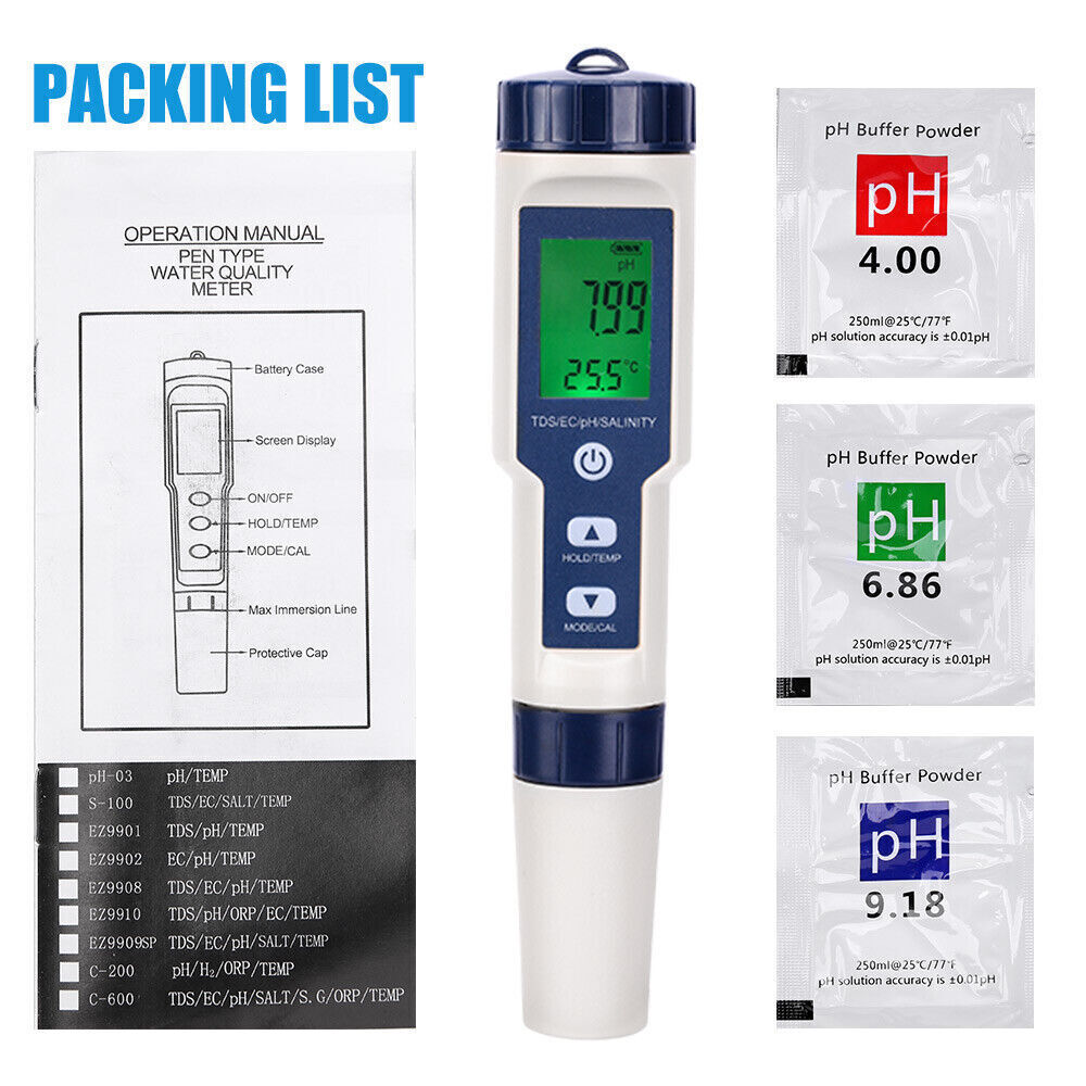 5 in 1 Pen Meter PH EC TDS Salinity Temp LCD Digital Water Quality Monitor Test - salelink.co.nz