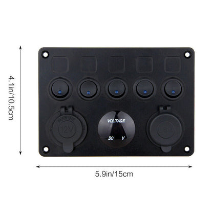 5 Gang ON-OFF Toggle Switch Control Panel 2 USB Charger 12V for Car