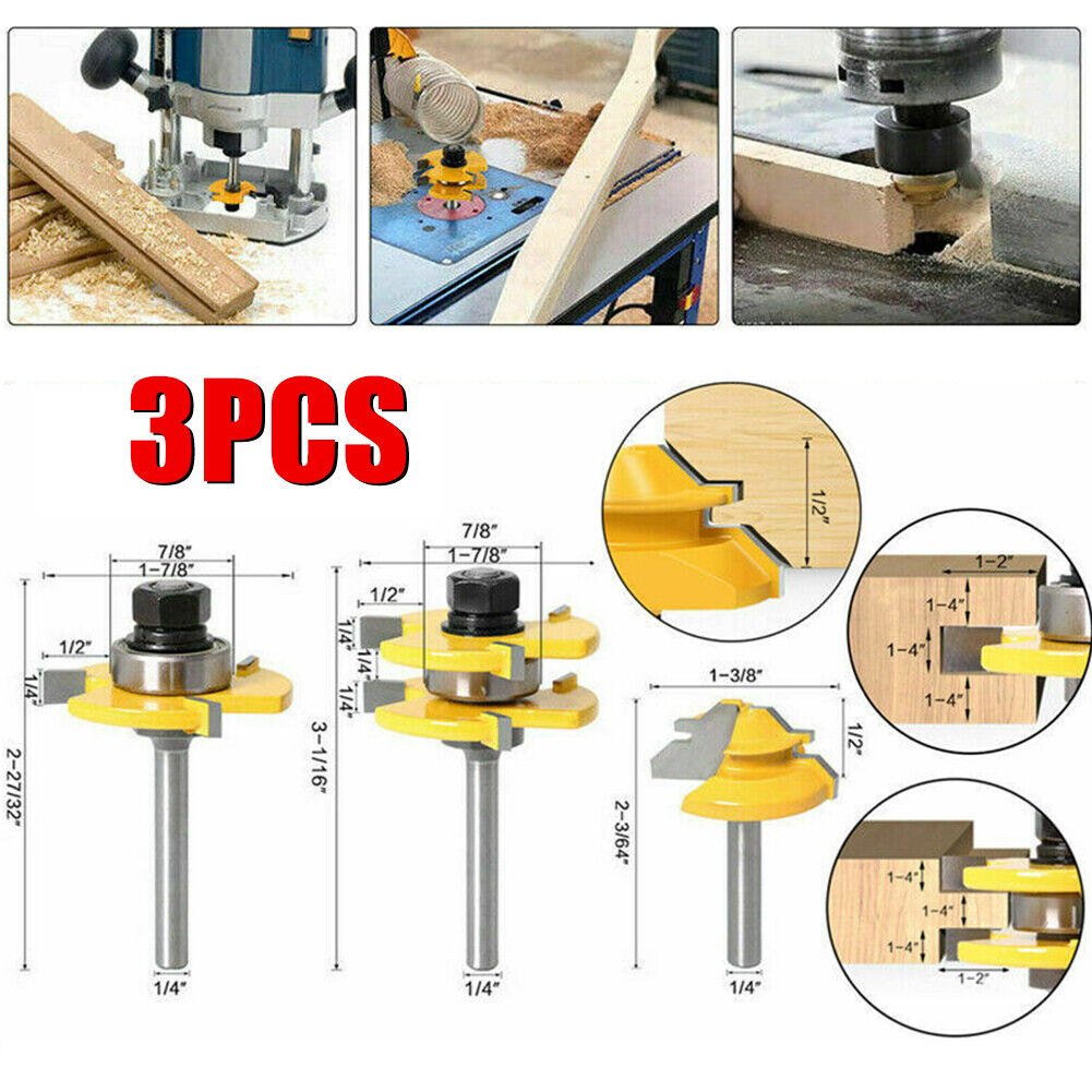 Tongue and Groove Router Bit Set 1/4'' Shank T-type Woodwork Milling Cutter 3pcs - salelink.co.nz