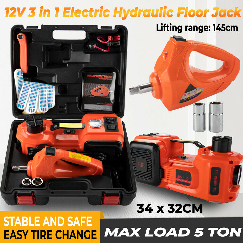 5Ton 12V Car Electric Hydraulic Floor Jack Lift + Impact Wrench Kit Box 3 in 1 - salelink.co.nz