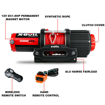 X-BULL 5000LBS/2268KGS Electric Winch Synthetic Rope Wireless Roof Rack UTV 12V