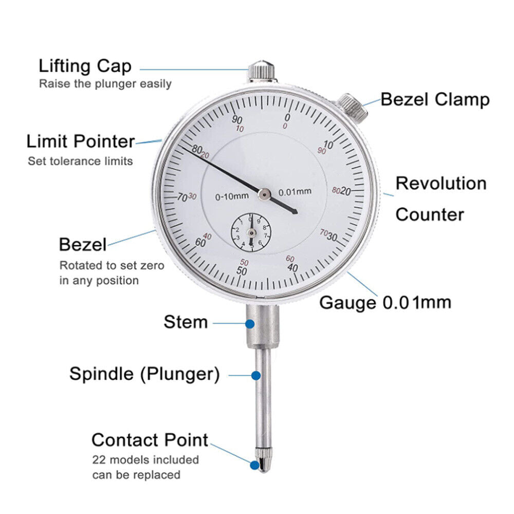 Dial Indicator Gauge Magnetic Base 0-10mm 60KG 22 Indicator Point Set - salelink.co.nz