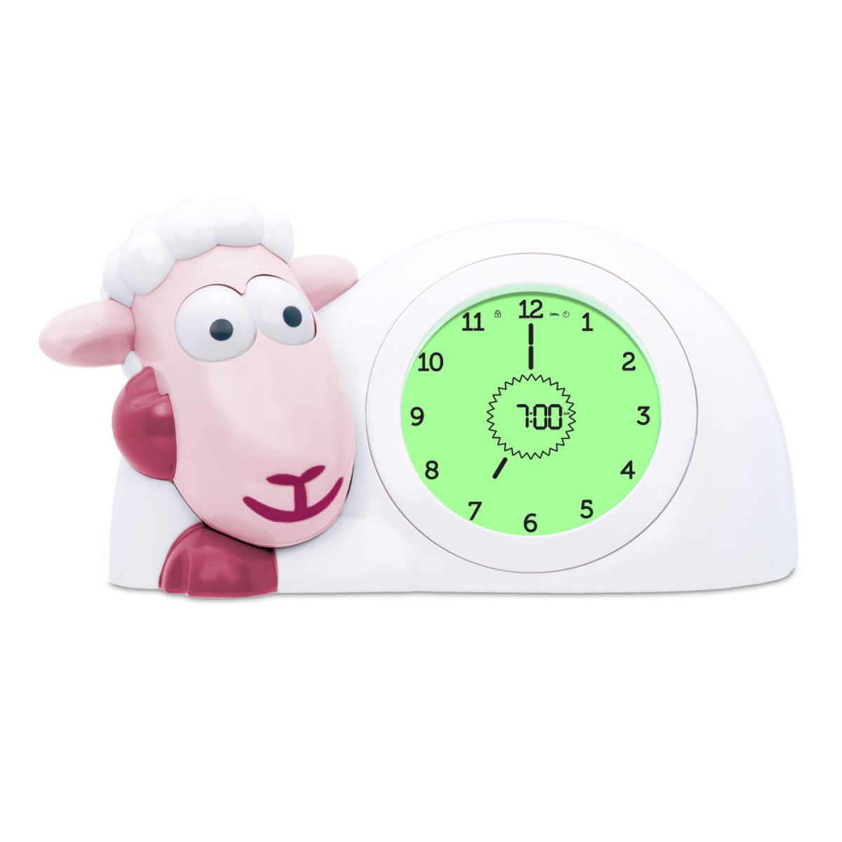 A pink sheep style sleep trainer to help kids stay in their bed until they are allowed to wake up.