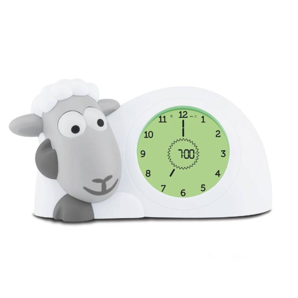 A grey sheep style sleep trainer to help kids stay in their bed until they are allowed to wake up.