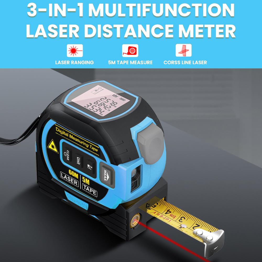 60m 3 in 1 Digital Measure Tape Laser Distance Meter Range Finder - salelink.co.nz