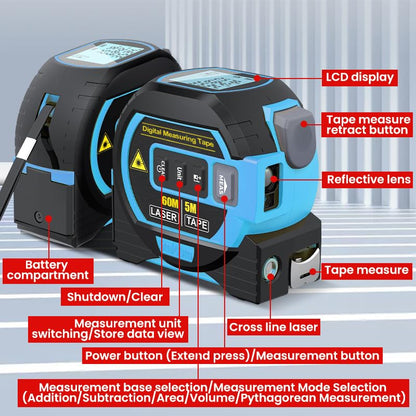 60m 3 in 1 Digital Measure Tape Laser Distance Meter Range Finder - salelink.co.nz