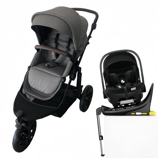 Baby Brightness easygo 1+ three wheel stroller with baby capsule and Rotation ISOFIX base Grey