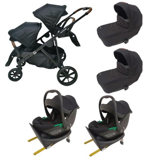 Baby Brightness Luxe twin stroller with double bassinets & double i-size infant car seats & double ISOFIX bases Black