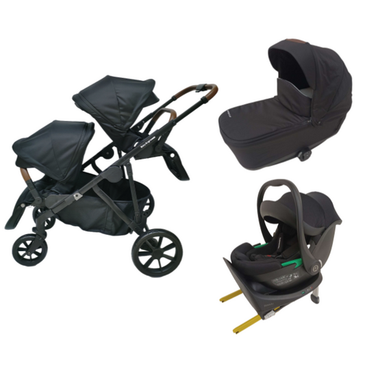Baby Brightness Luxe twin stroller with bassinet & i-size infant car seat & ISOFIX base black