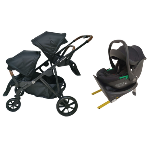 Baby Brightness Luxe twin stroller with i-size infant car seat and ISOFX base Black