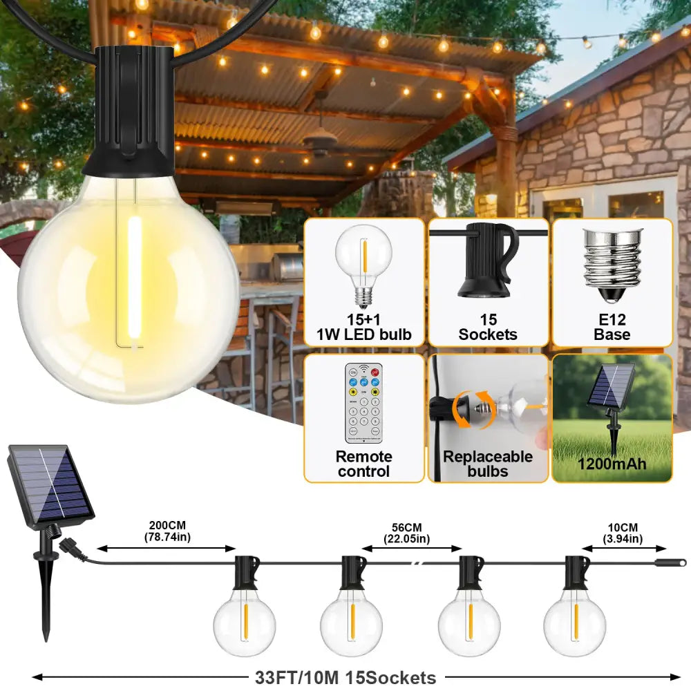 Shatterproof Solar String Lights G40 (Waterproof) with USB & Remote Control
