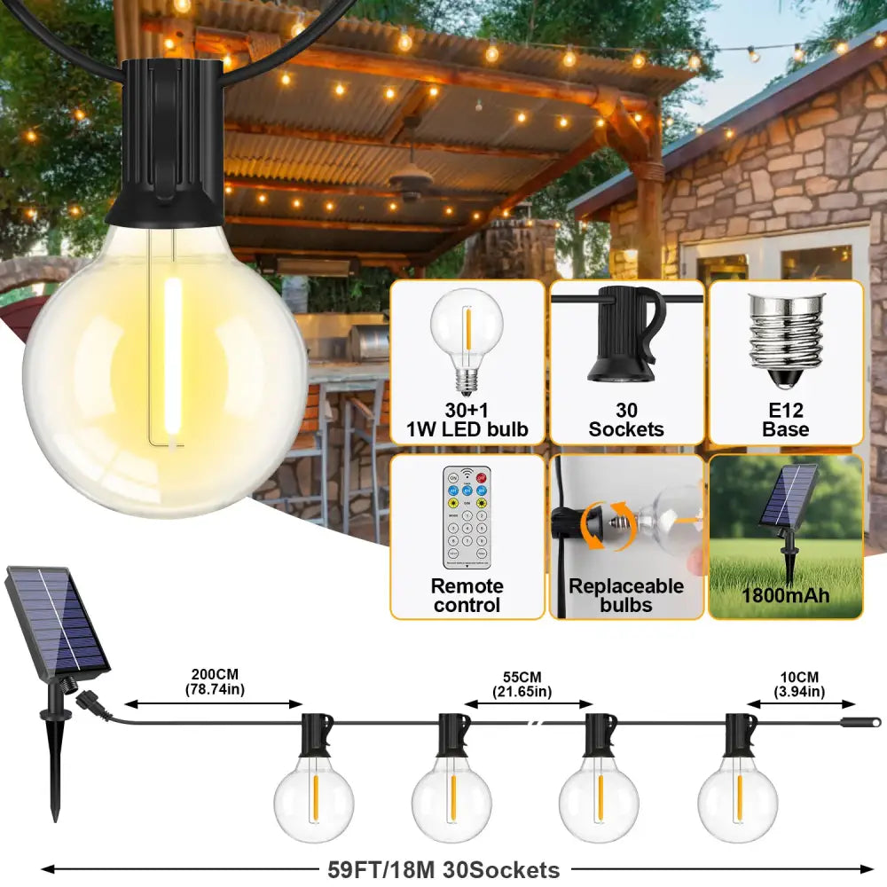 Shatterproof Solar String Lights G40 (Waterproof) with USB & Remote Control