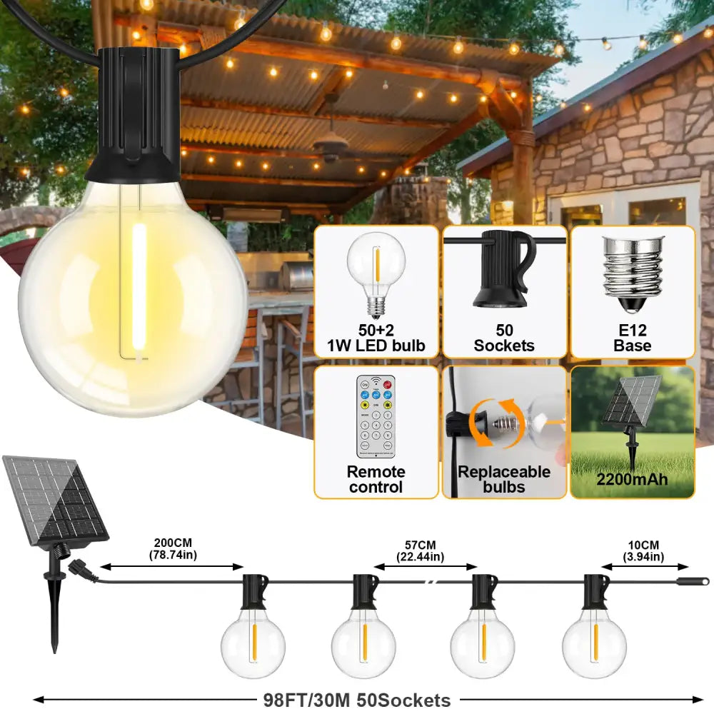 Shatterproof Solar String Lights G40 (Waterproof) with USB & Remote Control
