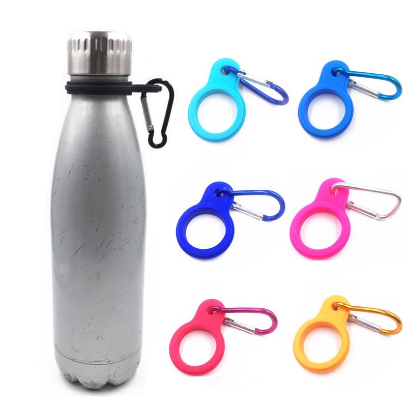 Silver water bottle with black carabiner and colorful keychain holders on a white background