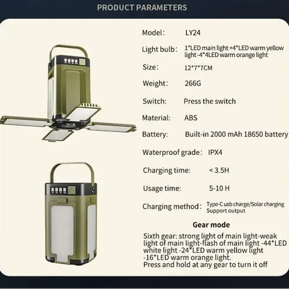 Foldable Solar Camping Light 2000mAh with Power Bank & Digital Display