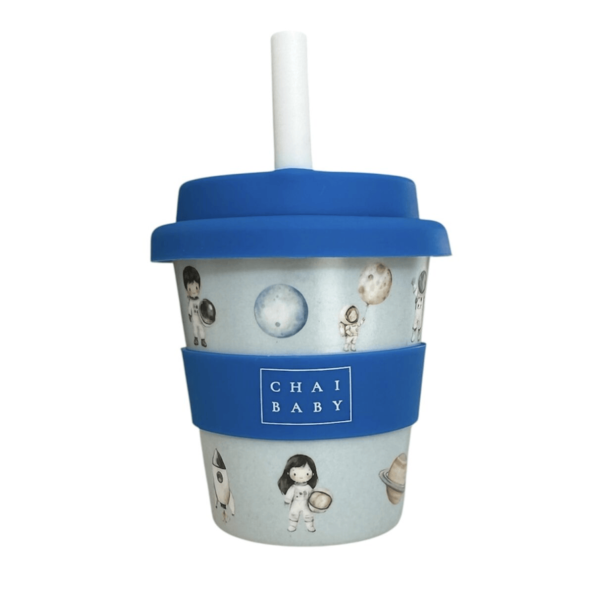 Children's cup with blue lid and sleeve featuring illustrations and 'Chai Baby' branding on a white background.