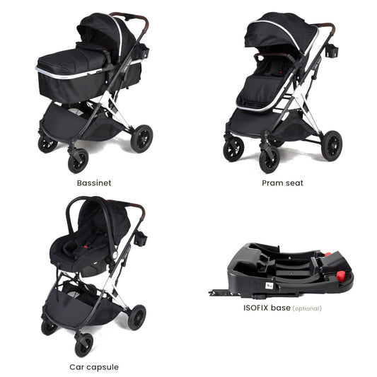 Arête Stridex 3-in-1 Pram & Stroller Travel System with Capsule — Black