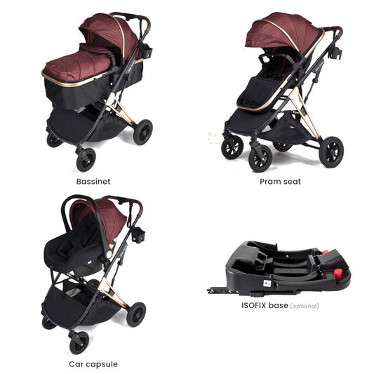 Arête Stridex 3-in-1 Pram & Stroller Travel System with Capsule — Red