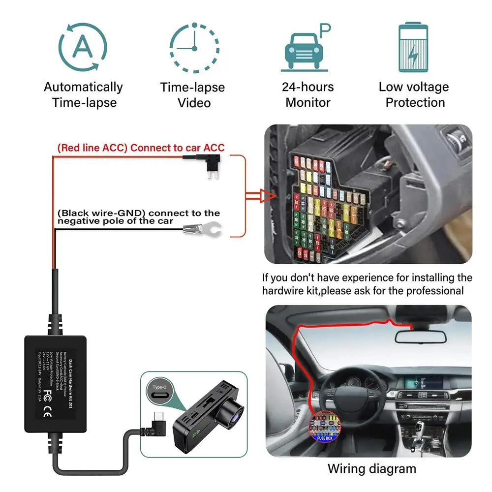 Three-Lens Car Camera with 24H Parking Monitor
