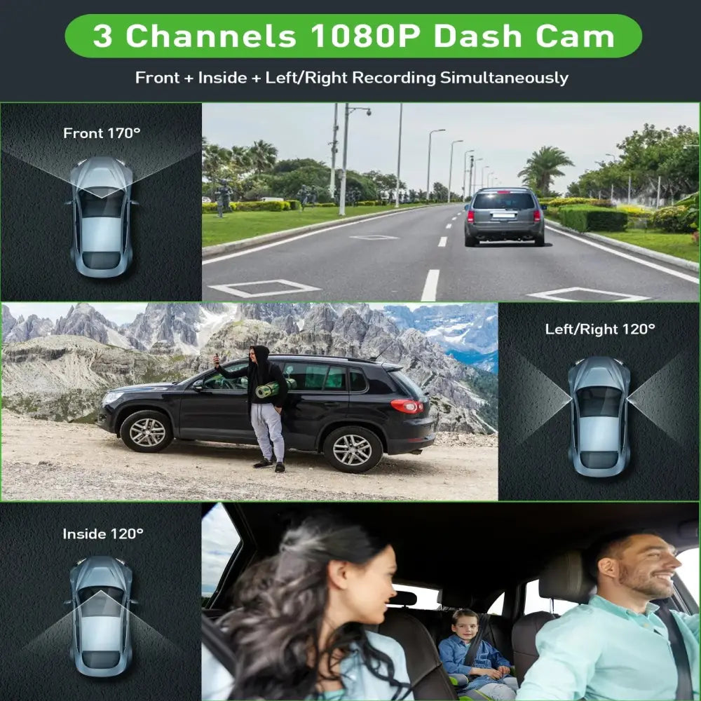 Three-Lens Car Camera with 24H Parking Monitor