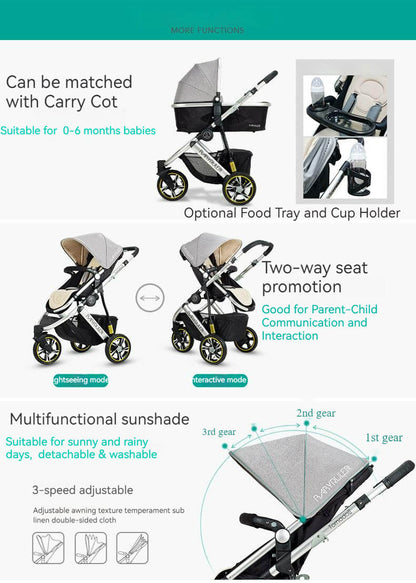 Three Wheels Baby Stroller with All Accessories-Preium Grey