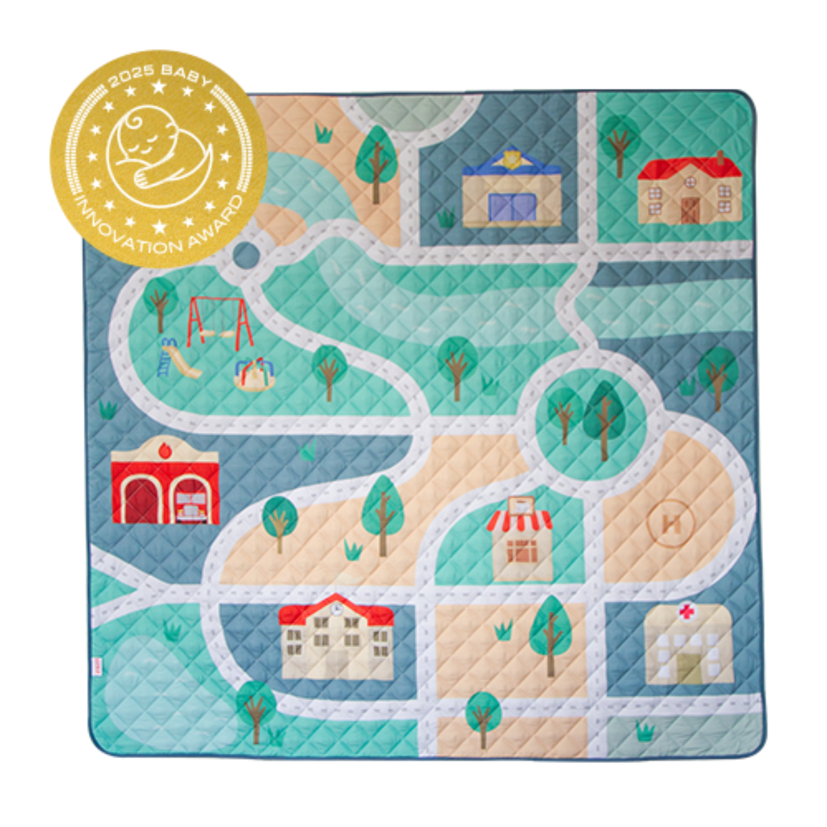 Children's play mat with road design and houses, featuring a 2025 Baby Innovation Award badge.